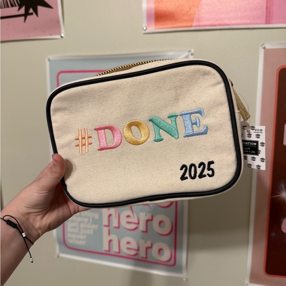 Embroidered Canvas Pouch with Colorful Text